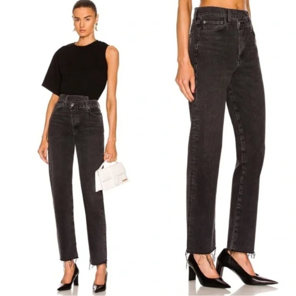 Agolde Criss Cross Jeans High Rise Raw Hem Straight Washed Black Shambles